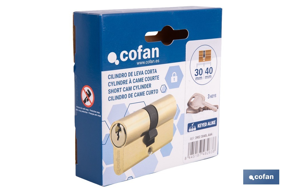 Cilindro Leva Corta de perfil europeo con llaves iguales (serie AAA) en acabado latón | Varias medidas disponibles - Cofan