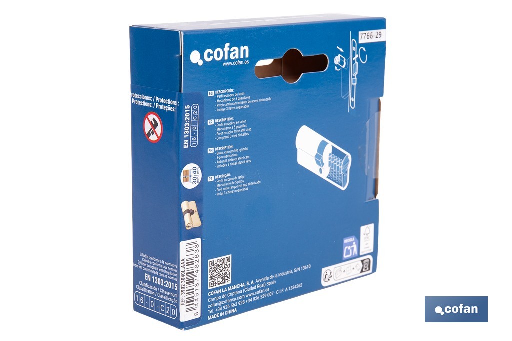 Cilindro Leva Corta de perfil europeo con llaves iguales (serie AAA) en acabado latón | Varias medidas disponibles - Cofan