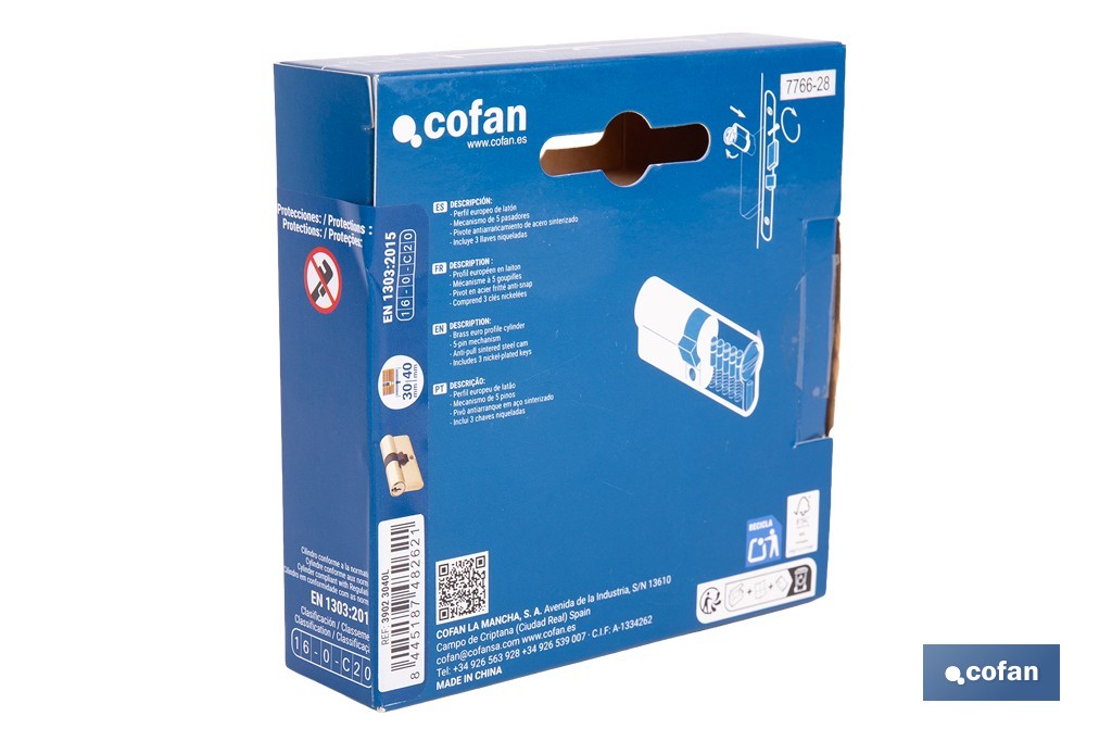 Cilindro de leva corta de perfil europeo con acabado en latón | Disponible en diferentes medidas - Cofan