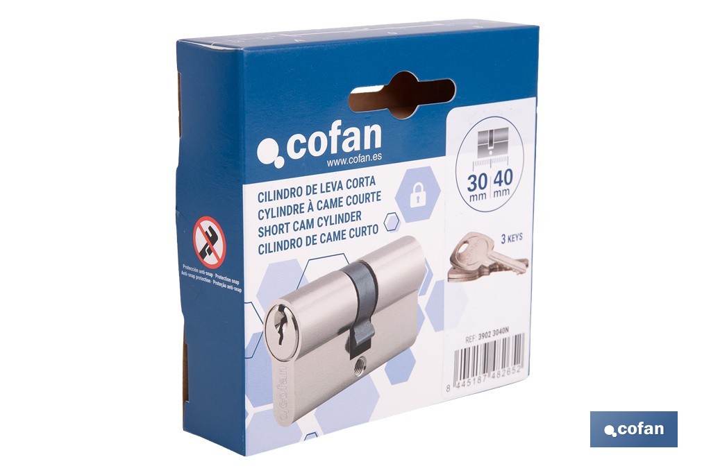 Cilindro Leva Corta de perfil europeo con acabado níquel | Varias medidas disponibles - Cofan