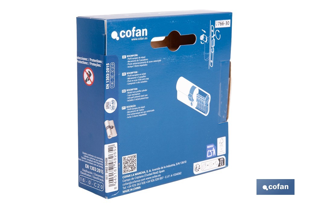 Cilindro Leva Corta de perfil europeo con acabado níquel | Varias medidas disponibles - Cofan
