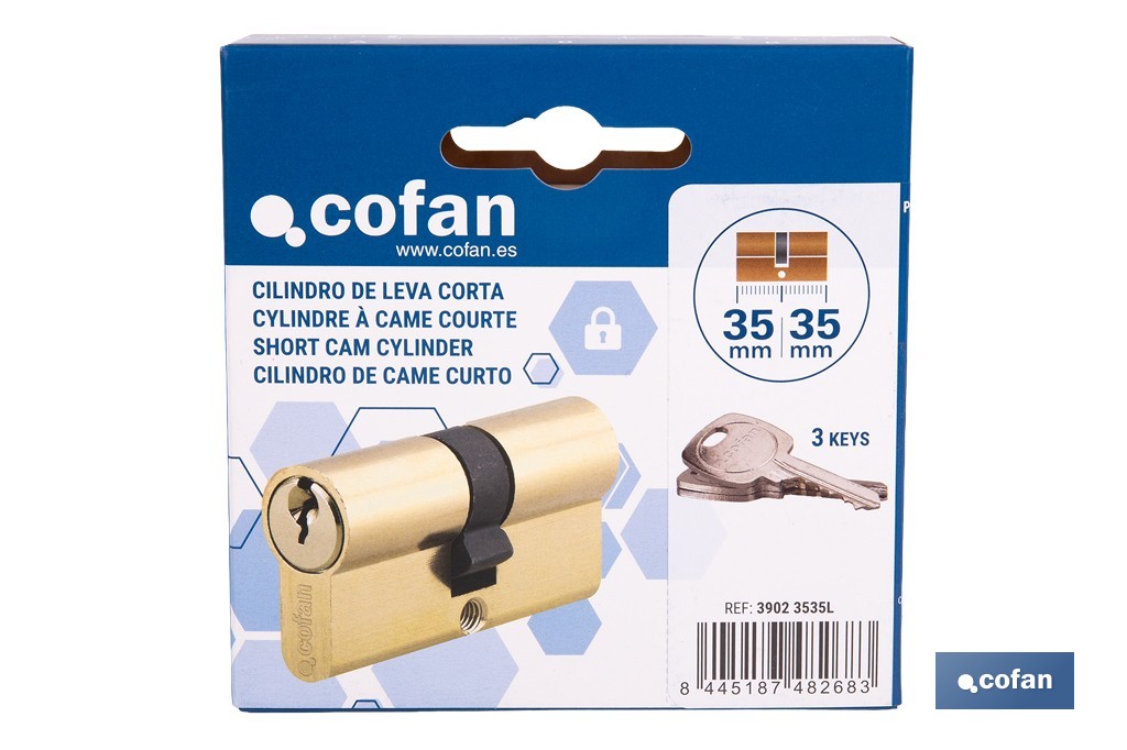 Cilindro de leva corta de perfil europeo con acabado en latón | Disponible en diferentes medidas - Cofan