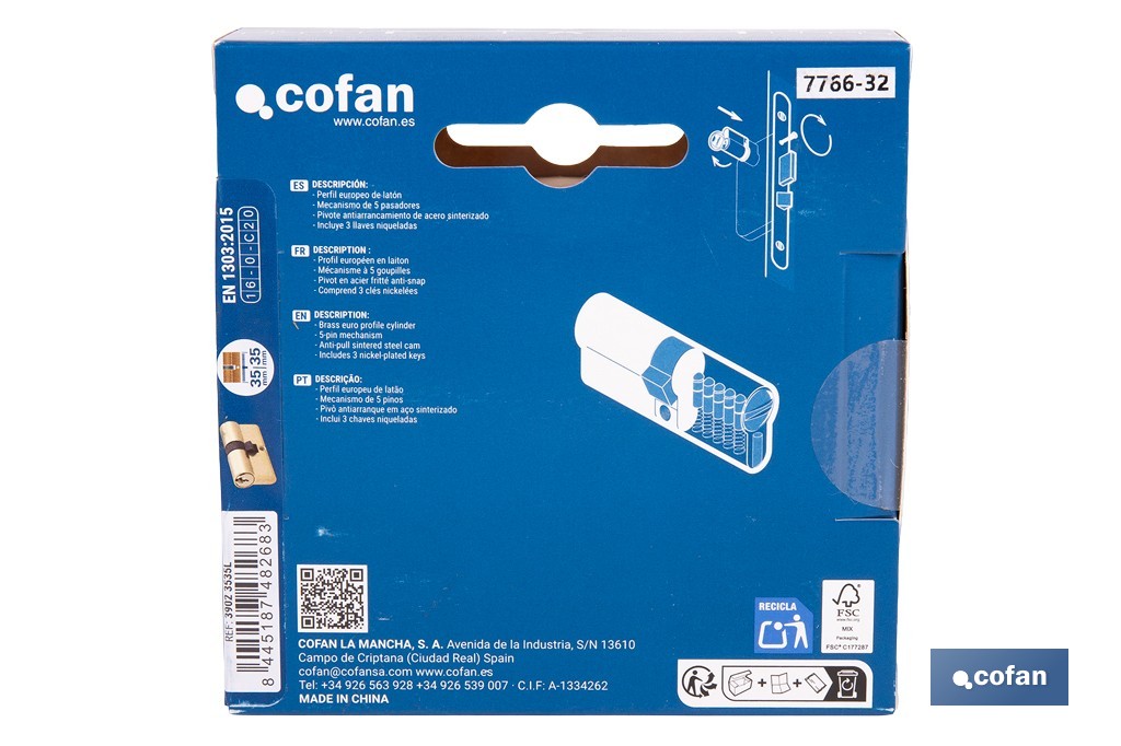 Cilindro de leva corta de perfil europeo con acabado en latón | Disponible en diferentes medidas - Cofan