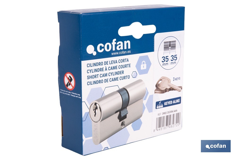 Cilindro Leva Corta de perfil europeo con llaves iguales (serie AAA) con acabado níquel | Varias medidas disponibles - Cofan