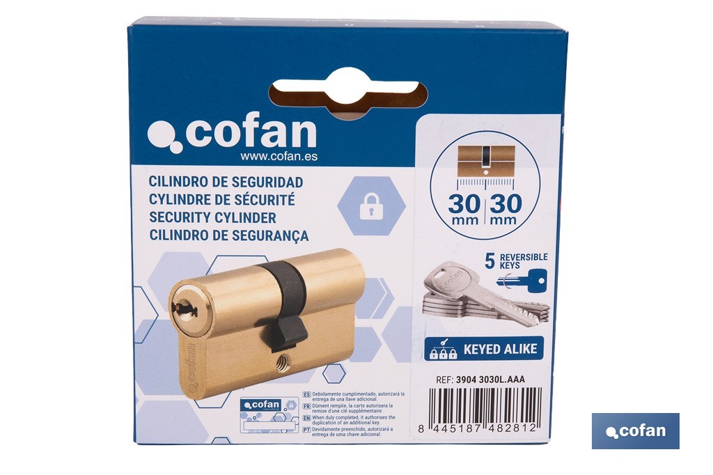Cilindro de Seguridad de perfil europeo con llaves iguales (serie AAA) | Disponible en acabado latón con varias medidas disponibles - Cofan