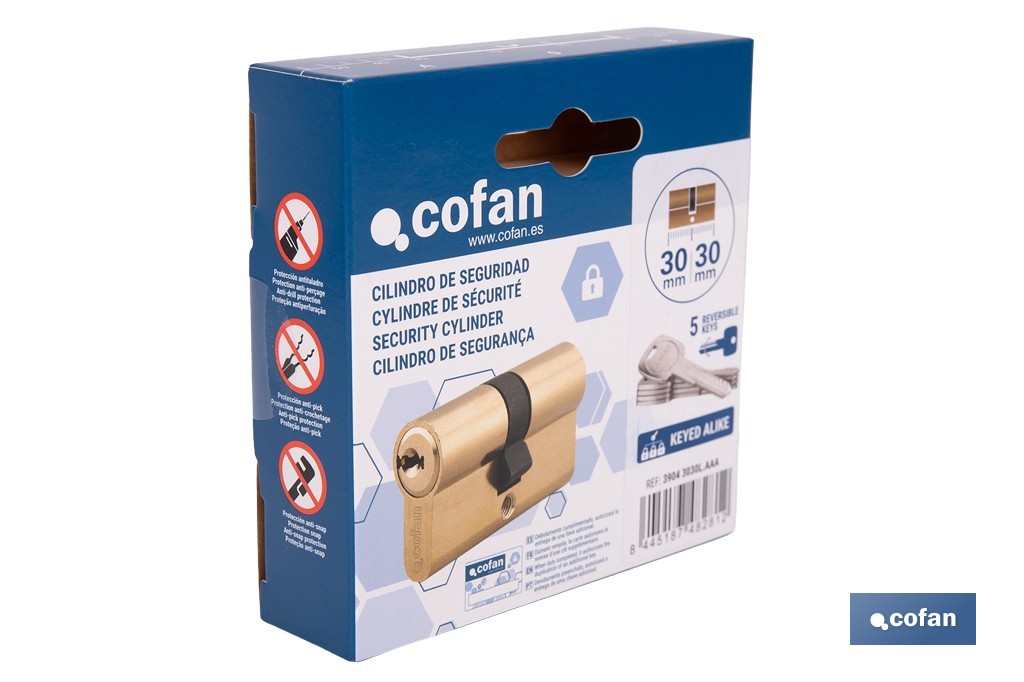 Cilindro de Seguridad de perfil europeo con llaves iguales (serie AAA) | Disponible en acabado latón con varias medidas disponibles - Cofan