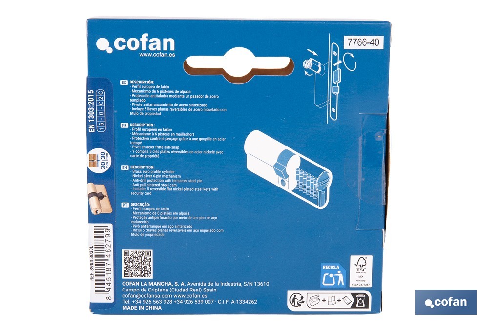Cilindro de seguridad de perfil europeo con acabado en latón | Disponible en diferentes medidas - Cofan