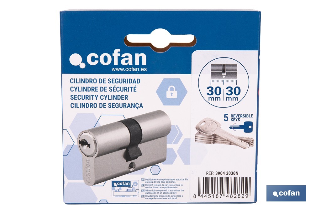 Cilindro de Seguridad de perfil europeo en acabado níquel | Varias medidas disponibles - Cofan