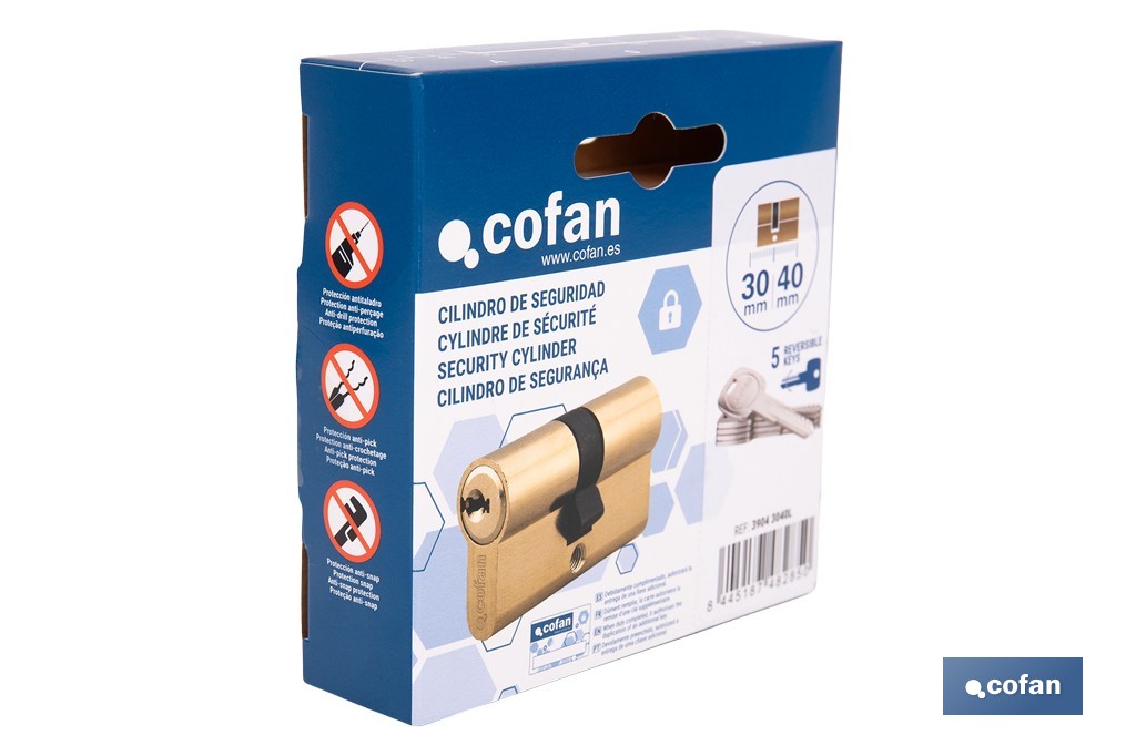 Cilindro de seguridad de perfil europeo con acabado en latón | Disponible en diferentes medidas - Cofan