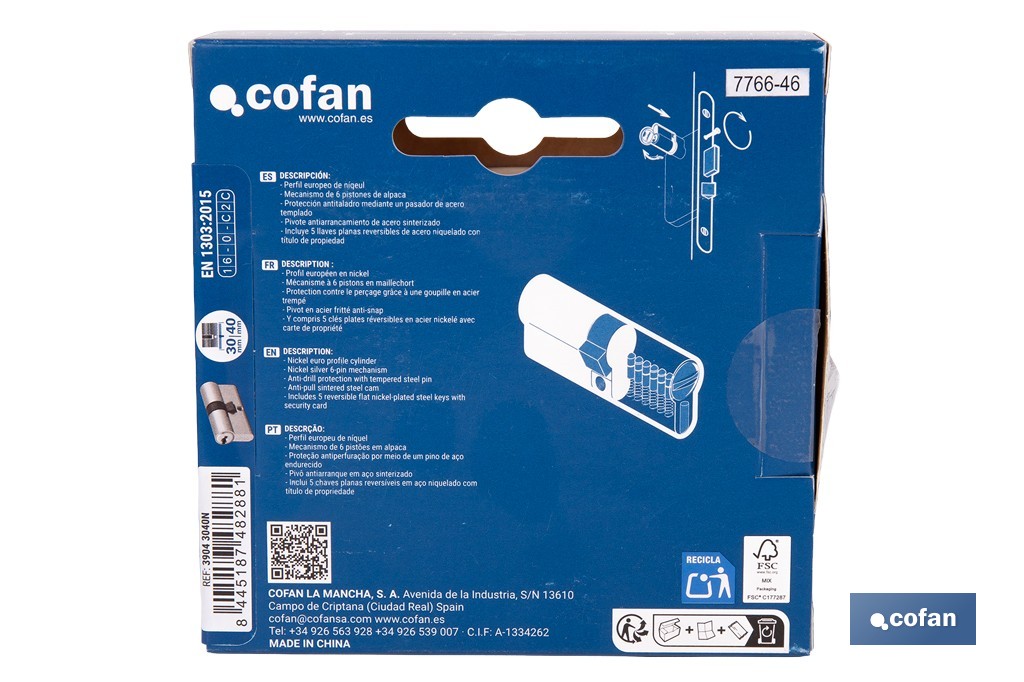 Cilindro de Seguridad de perfil europeo en acabado níquel | Varias medidas disponibles - Cofan