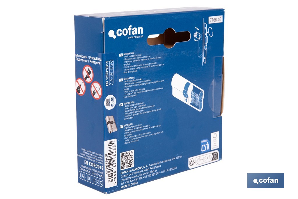 Cilindro de Seguridad de perfil europeo en acabado níquel | Varias medidas disponibles - Cofan