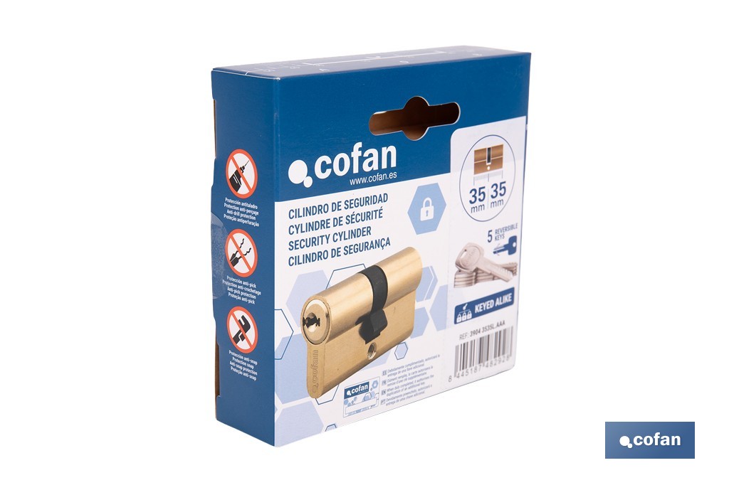 Cilindro de Seguridad de perfil europeo con llaves iguales (serie AAA) | Disponible en acabado latón con varias medidas disponibles - Cofan