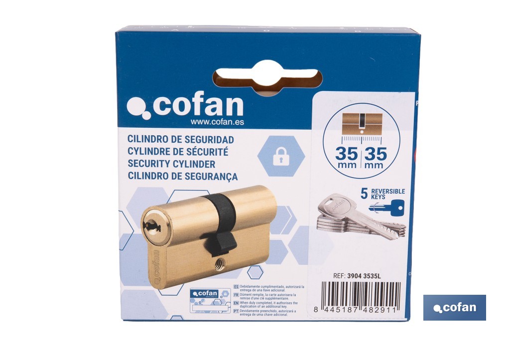 Cilindro de seguridad de perfil europeo con acabado en latón | Disponible en diferentes medidas - Cofan