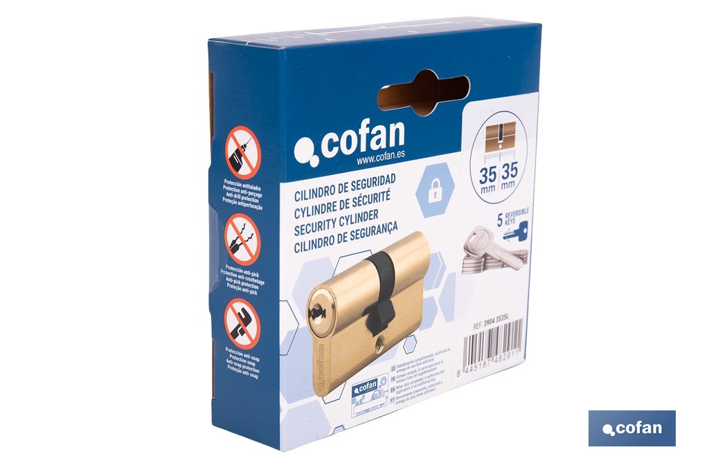 Cilindro de seguridad de perfil europeo con acabado en latón | Disponible en diferentes medidas - Cofan