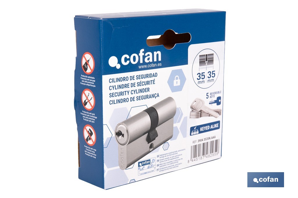 Cilindro de Seguridad de perfil europeo con llaves iguales (serie AAA) | Disponible en acabado níquel y con varias medidas disponibles - Cofan