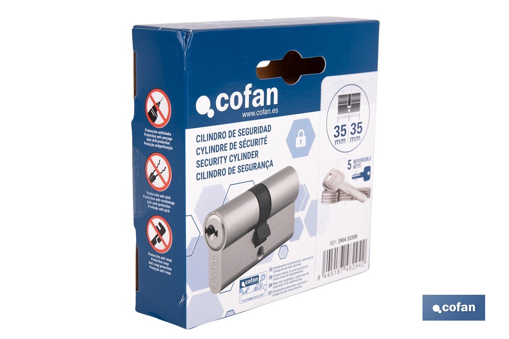 Cilindro de Seguridad de perfil europeo en acabado níquel | Varias medidas disponibles - Cofan