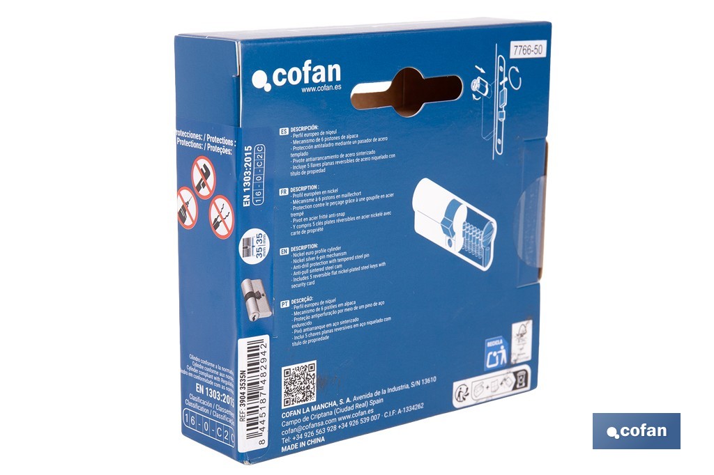 Cilindro de Seguridad de perfil europeo en acabado níquel | Varias medidas disponibles - Cofan