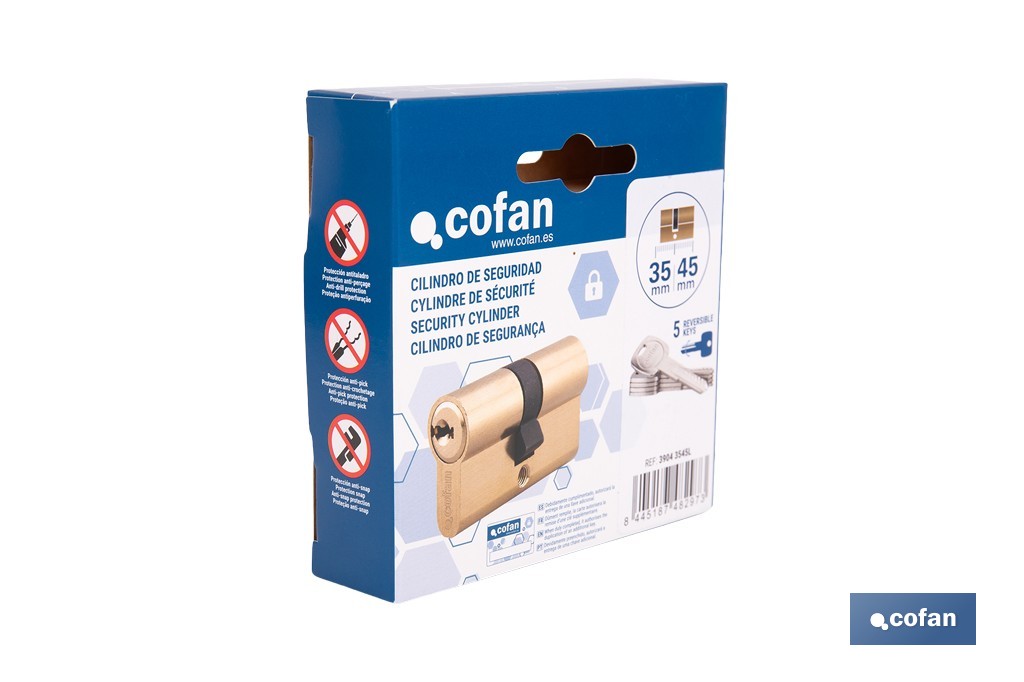 Cilindro de seguridad de perfil europeo con acabado en latón | Disponible en diferentes medidas - Cofan