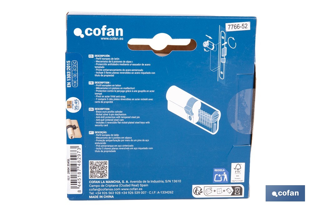 Cilindro de seguridad de perfil europeo con acabado en latón | Disponible en diferentes medidas - Cofan