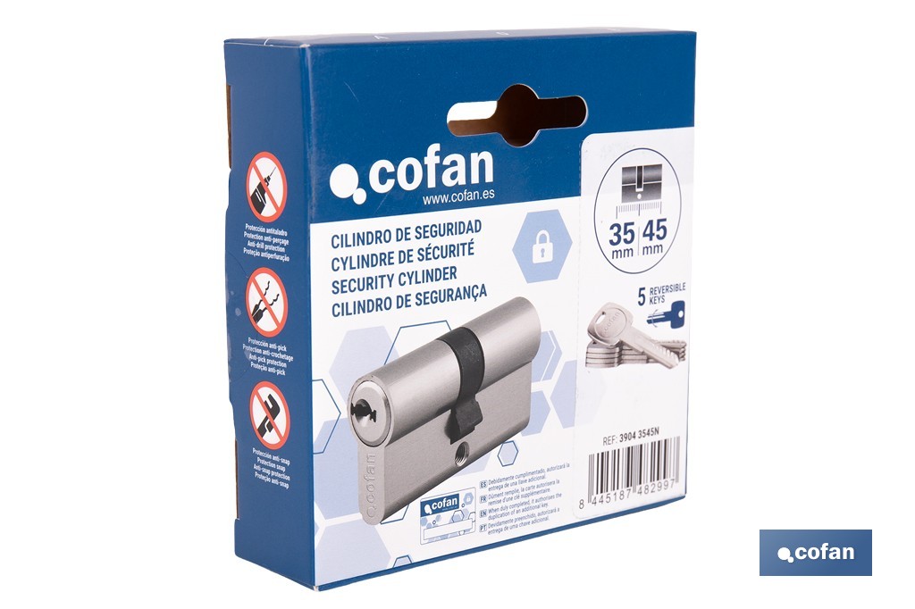 Cilindro de Seguridad de perfil europeo en acabado níquel | Varias medidas disponibles - Cofan
