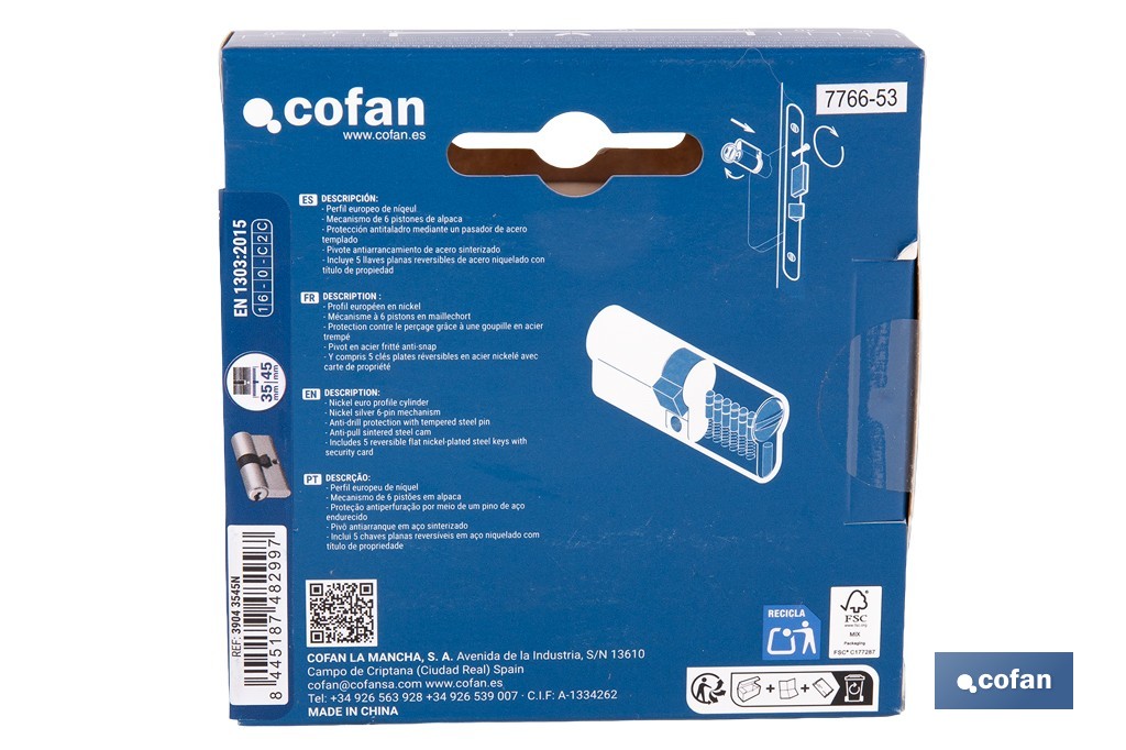 Cilindro de Seguridad de perfil europeo en acabado níquel | Varias medidas disponibles - Cofan