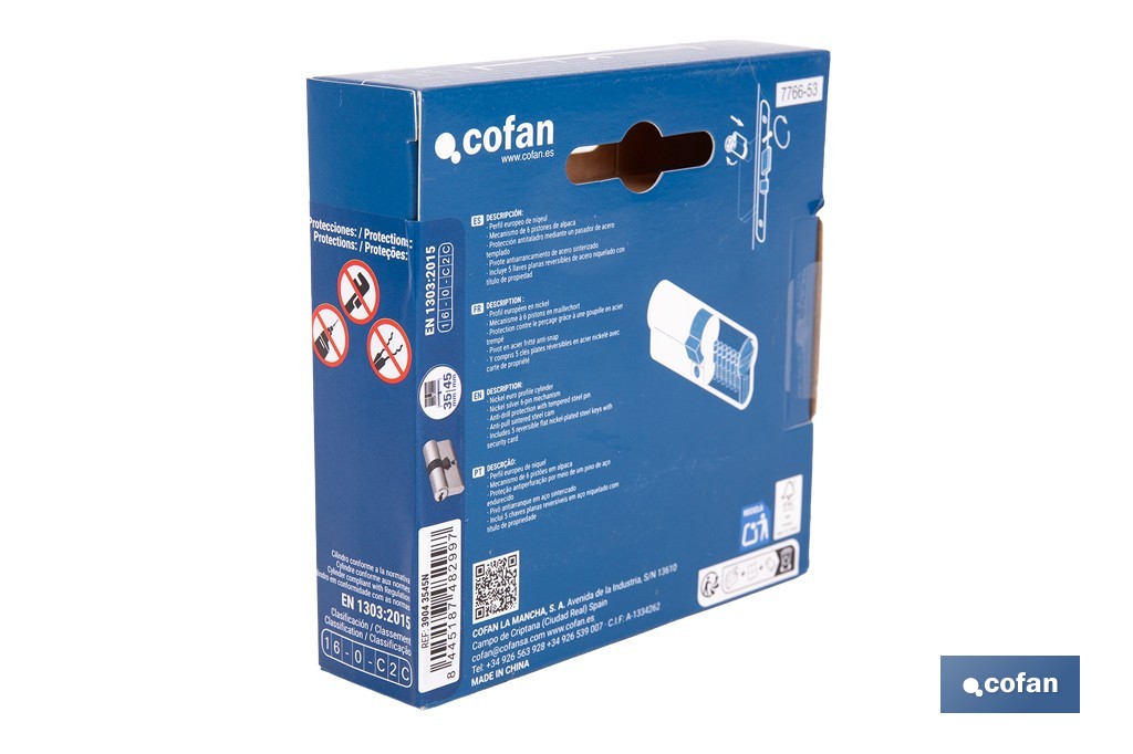 Cilindro de Seguridad de perfil europeo en acabado níquel | Varias medidas disponibles - Cofan