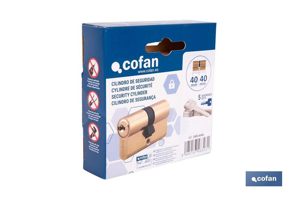 Cilindro de seguridad de perfil europeo con acabado en latón | Disponible en diferentes medidas - Cofan