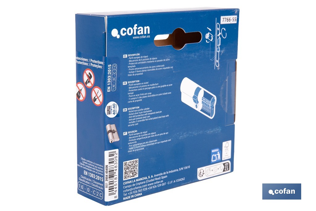 Cilindro de Seguridad de perfil europeo en acabado níquel | Varias medidas disponibles - Cofan