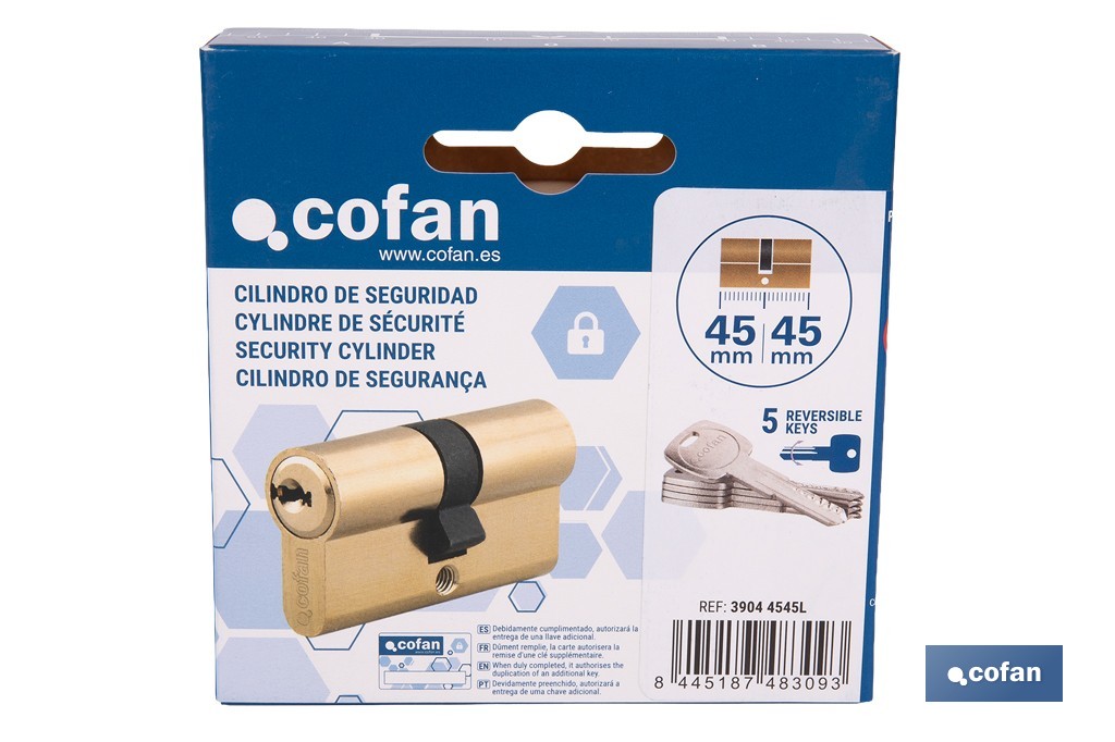 Cilindro de seguridad de perfil europeo con acabado en latón | Disponible en diferentes medidas - Cofan