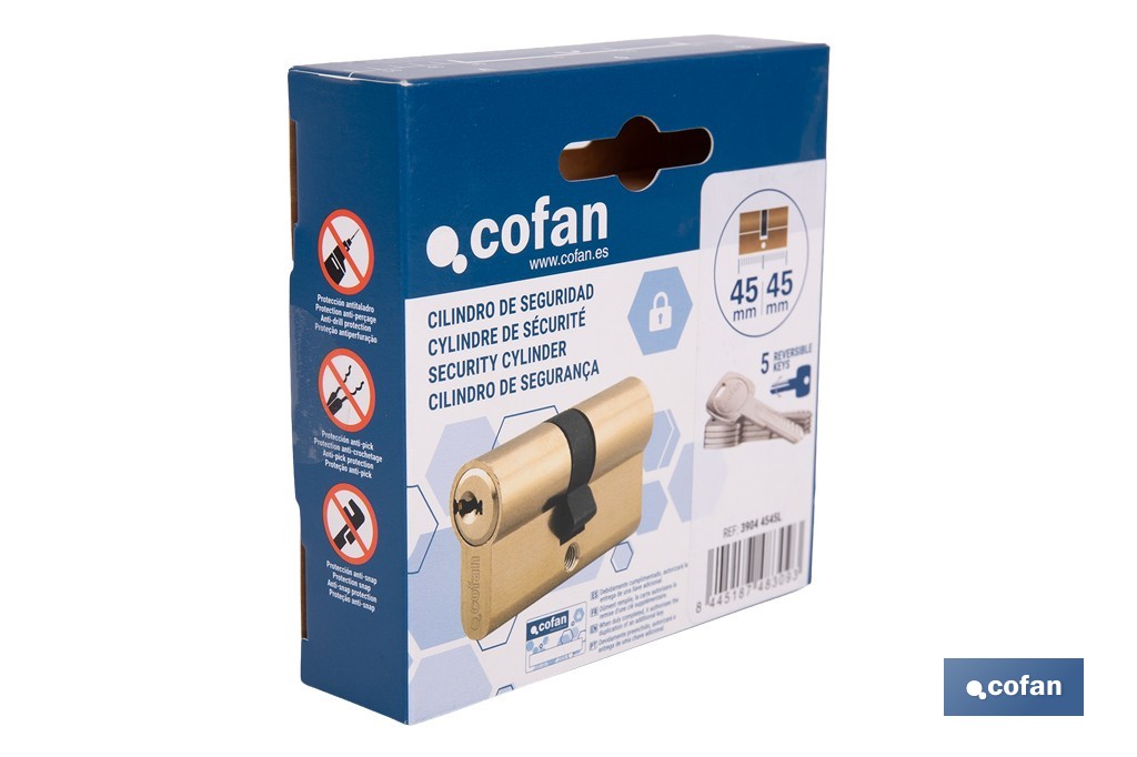 Cilindro de seguridad de perfil europeo con acabado en latón | Disponible en diferentes medidas - Cofan