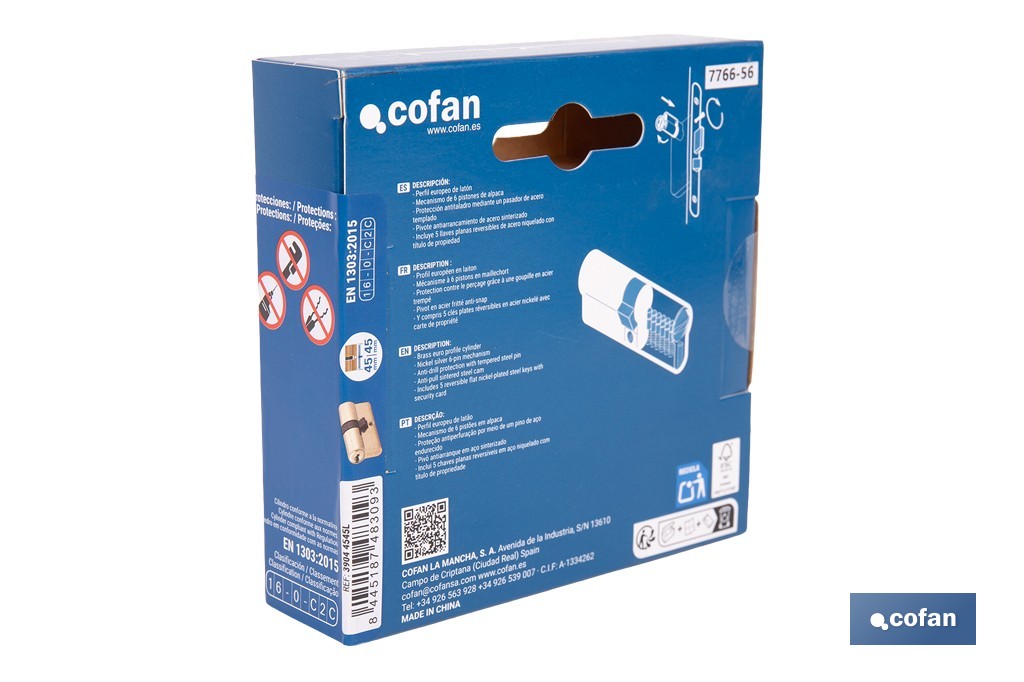 Cilindro de seguridad de perfil europeo con acabado en latón | Disponible en diferentes medidas - Cofan