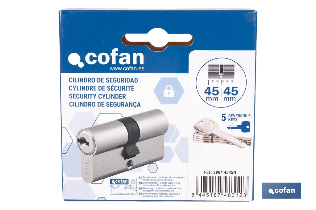 Cilindro de Seguridad de perfil europeo en acabado níquel | Varias medidas disponibles - Cofan