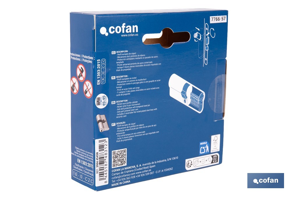 Cilindro de Seguridad de perfil europeo en acabado níquel | Varias medidas disponibles - Cofan