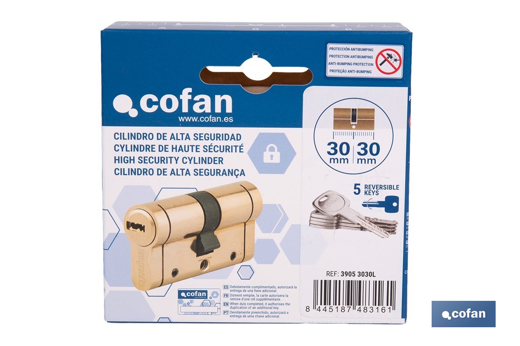 Cilindro de alta seguridad de perfil europeo con acabado en latón | Disponible en diferentes medidas - Cofan