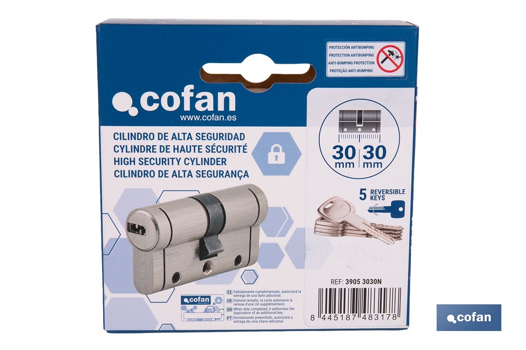 Cilindro Alta Seguridad de perfil europeo en acabado níquel | Varias medidas disponibles - Cofan