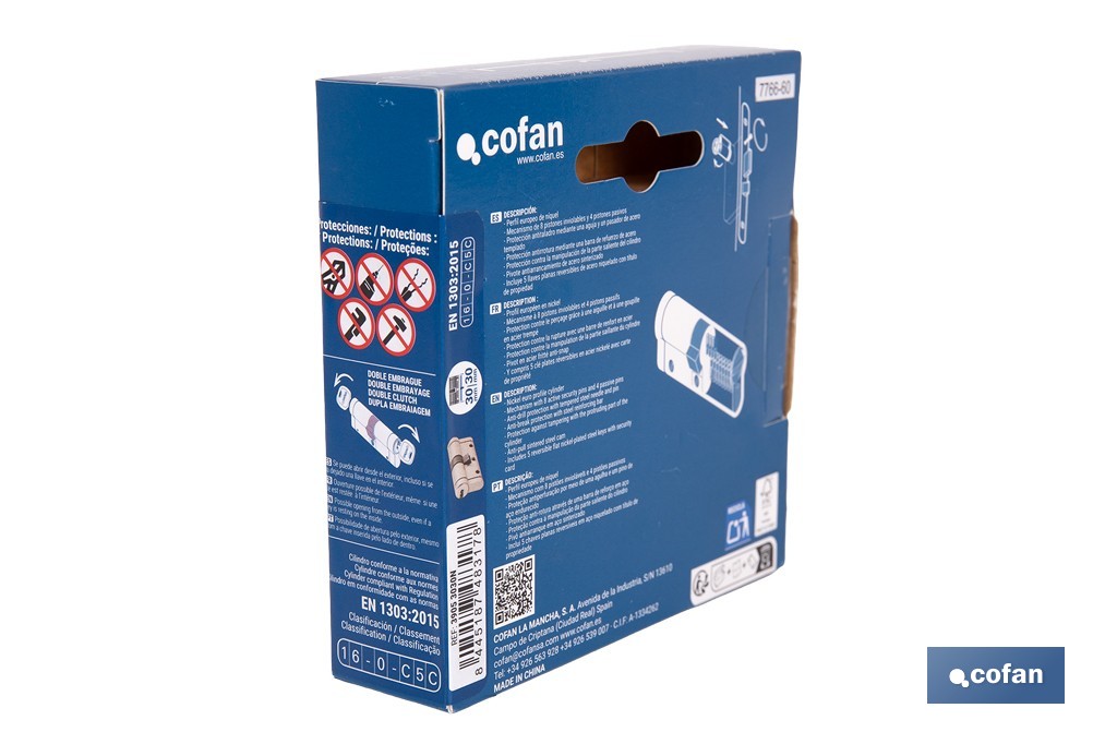 Cilindro Alta Seguridad de perfil europeo en acabado níquel | Varias medidas disponibles - Cofan