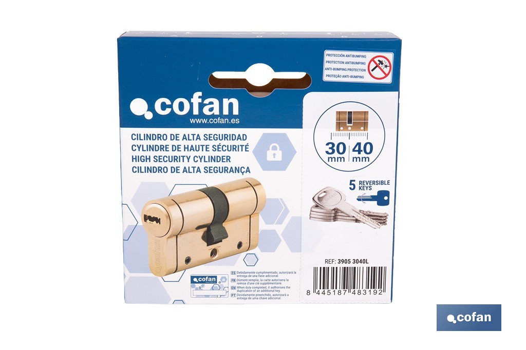 Cilindro de alta seguridad de perfil europeo con acabado en latón | Disponible en diferentes medidas - Cofan
