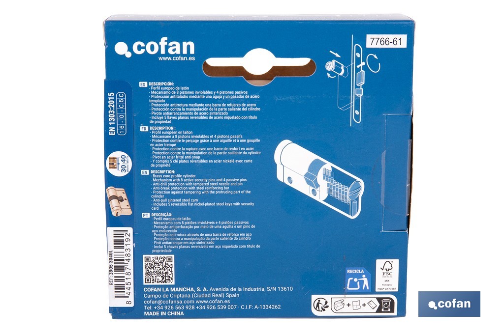 Cilindro de alta seguridad de perfil europeo con acabado en latón | Disponible en diferentes medidas - Cofan