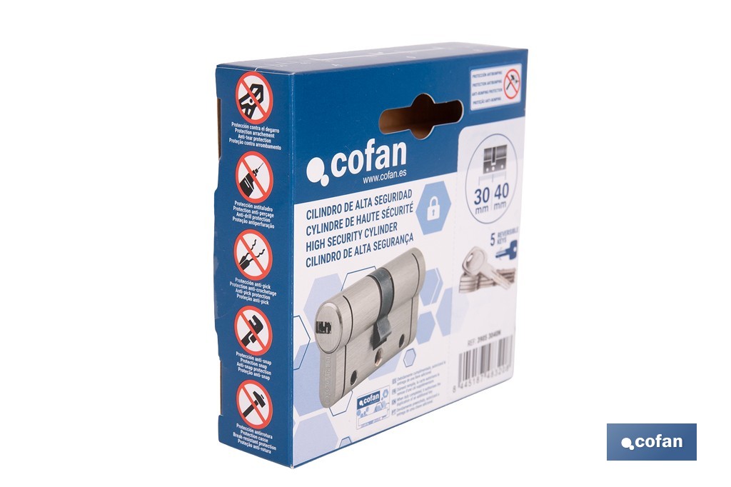 Cilindro Alta Seguridad de perfil europeo en acabado níquel | Varias medidas disponibles - Cofan