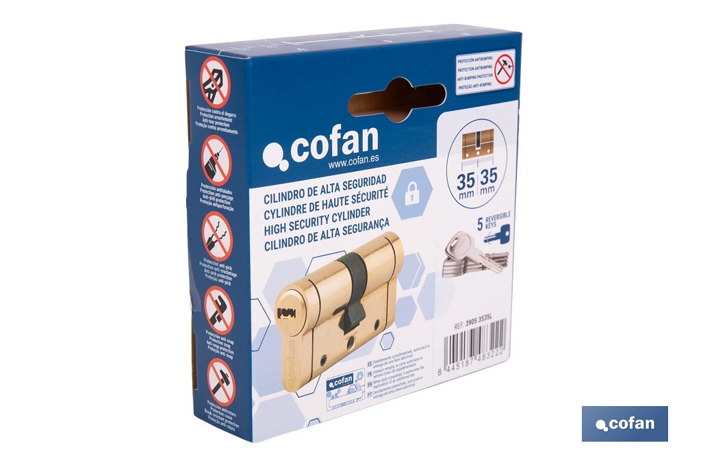 Cilindro de alta seguridad de perfil europeo con acabado en latón | Disponible en diferentes medidas - Cofan