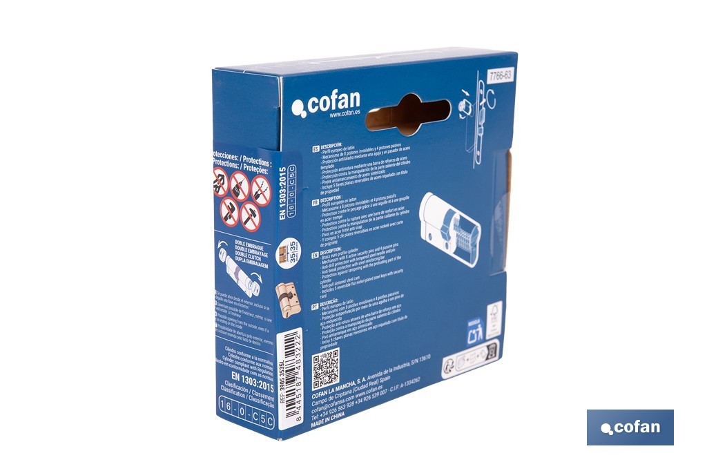 Cilindro de alta seguridad de perfil europeo con acabado en latón | Disponible en diferentes medidas - Cofan