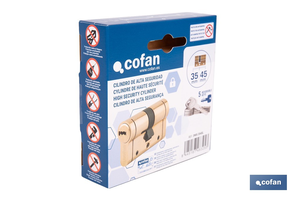 Cilindro de alta seguridad de perfil europeo con acabado en latón | Disponible en diferentes medidas - Cofan