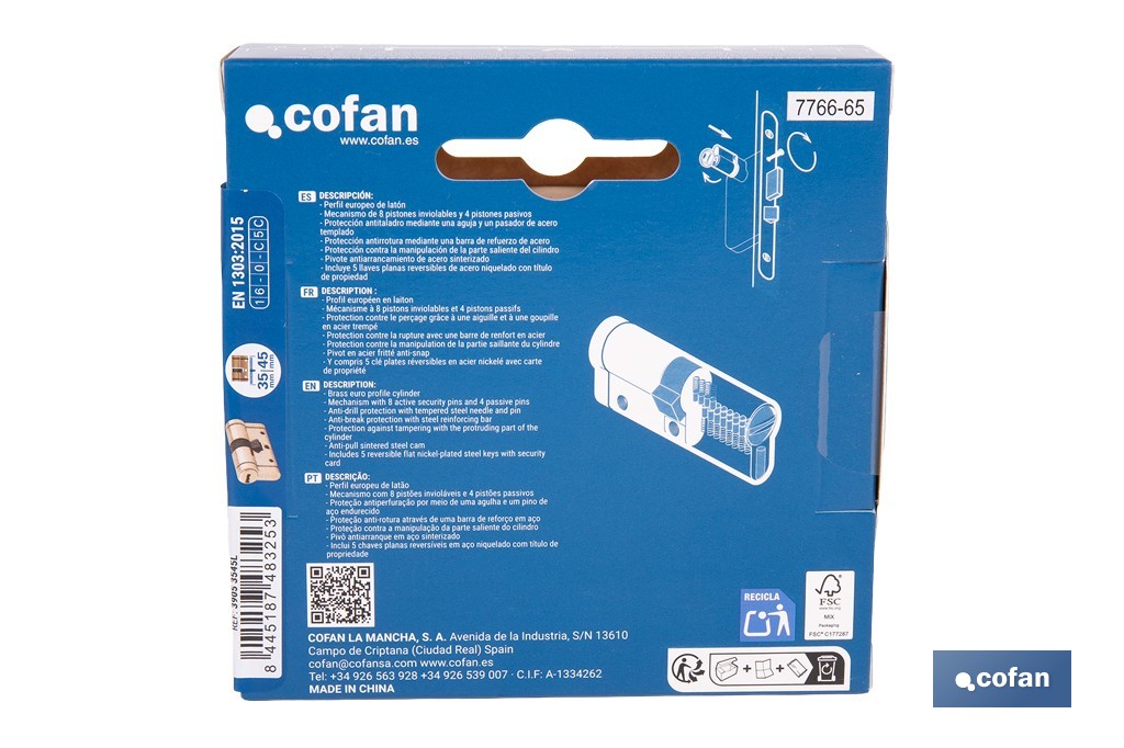 Cilindro de alta seguridad de perfil europeo con acabado en latón | Disponible en diferentes medidas - Cofan