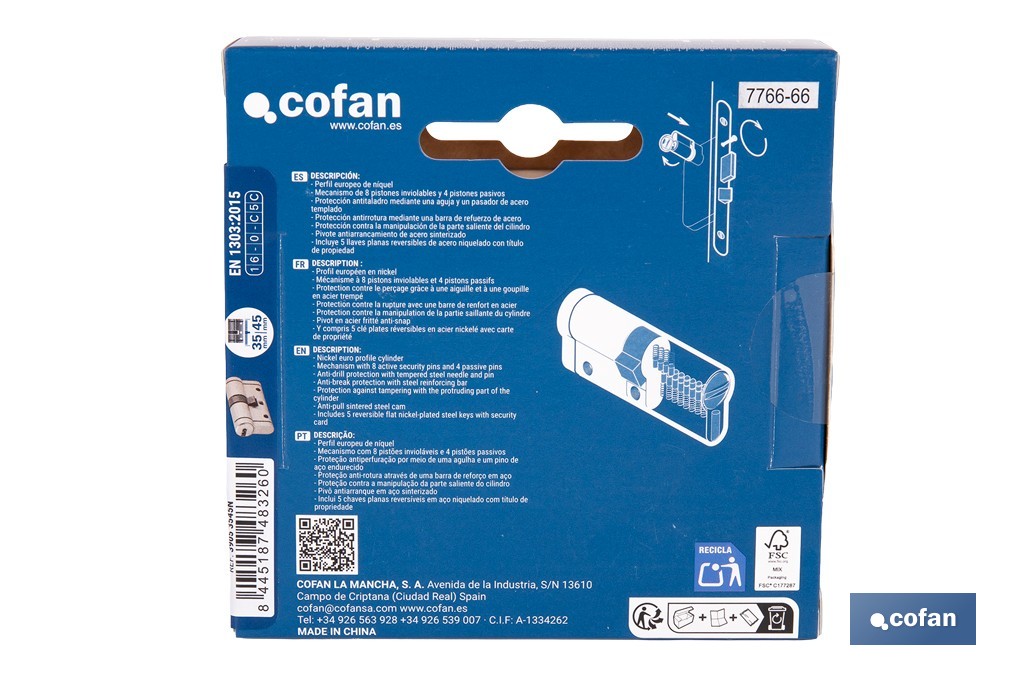 Cilindro Alta Seguridad de perfil europeo en acabado níquel | Varias medidas disponibles - Cofan