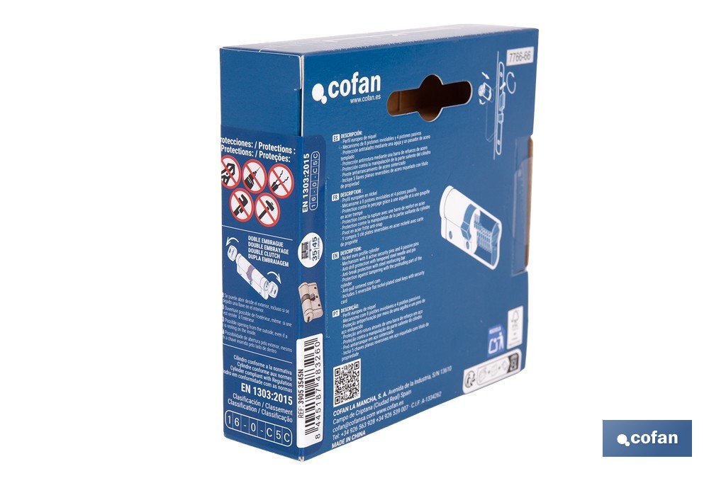Cilindro Alta Seguridad de perfil europeo en acabado níquel | Varias medidas disponibles - Cofan