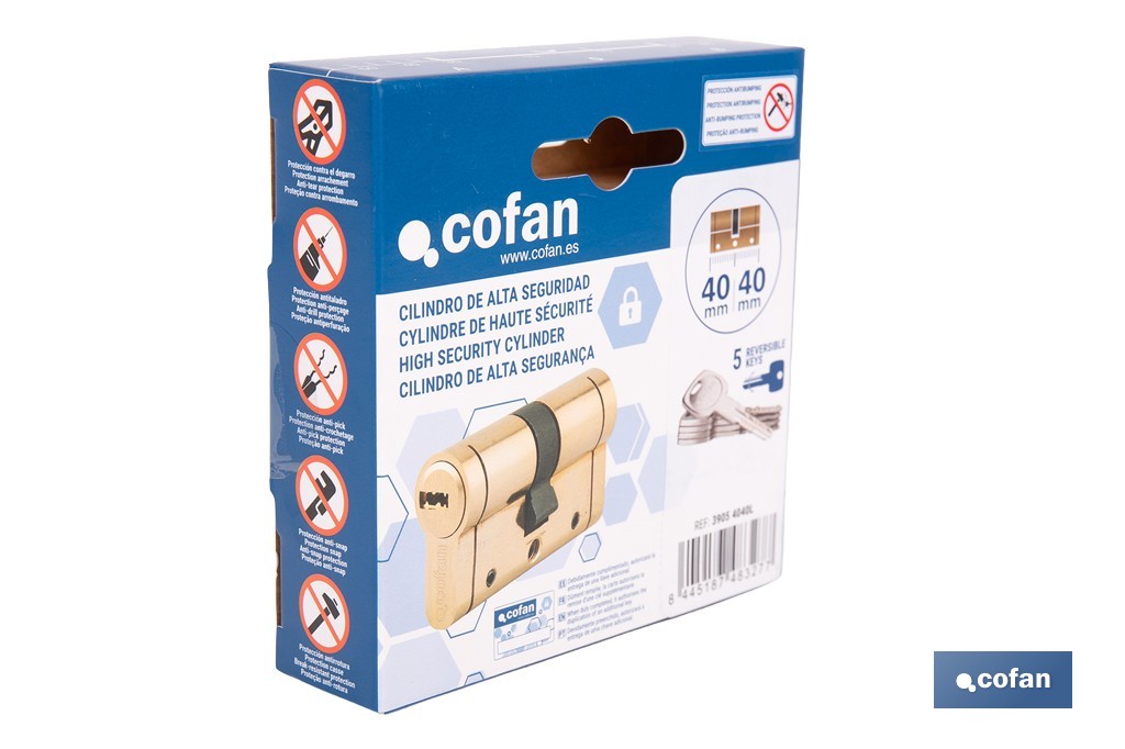 Cilindro de alta seguridad de perfil europeo con acabado en latón | Disponible en diferentes medidas - Cofan