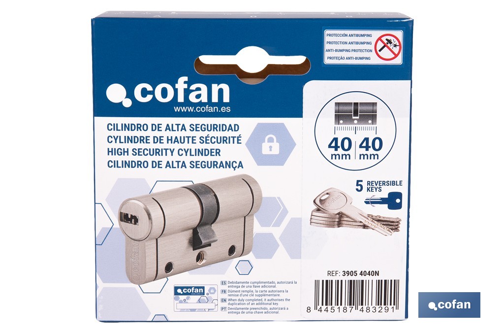 Cilindro Alta Seguridad de perfil europeo en acabado níquel | Varias medidas disponibles - Cofan