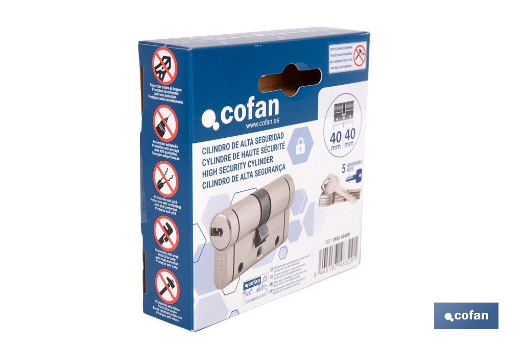 Cilindro Alta Seguridad de perfil europeo en acabado níquel | Varias medidas disponibles - Cofan