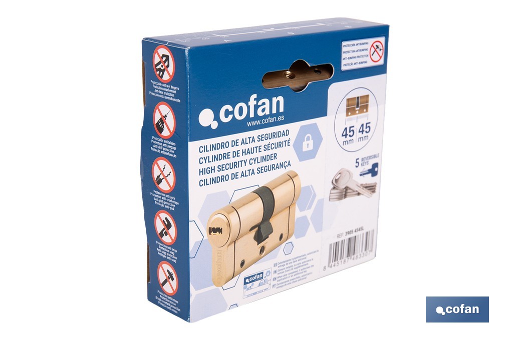 Cilindro de alta seguridad de perfil europeo con acabado en latón | Disponible en diferentes medidas - Cofan