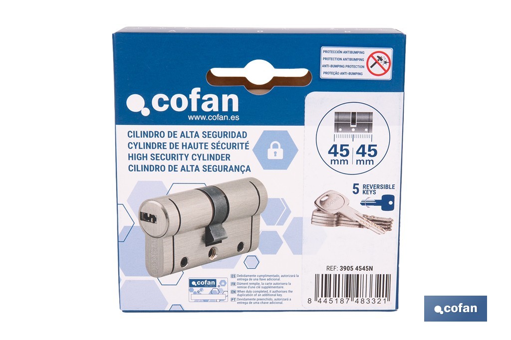 Cilindro Alta Seguridad de perfil europeo en acabado níquel | Varias medidas disponibles - Cofan